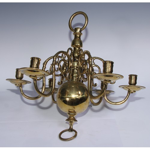 1018 - A near pair of Dutch brass six-light chandeliers, 45cm high, 46cm wide