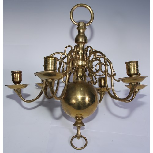 1018 - A near pair of Dutch brass six-light chandeliers, 45cm high, 46cm wide