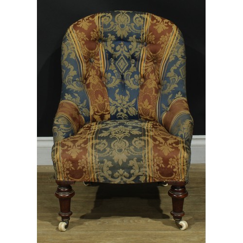 1459 - A Victorian child’s drawing room easy chair, stuffed-over upholstery, button back, turned forelegs, ... 