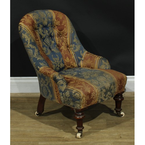 1459 - A Victorian child’s drawing room easy chair, stuffed-over upholstery, button back, turned forelegs, ... 