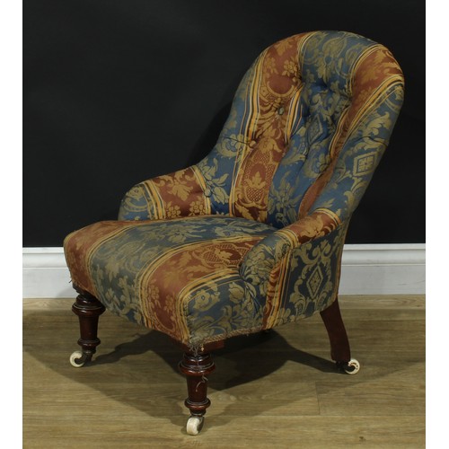 1459 - A Victorian child’s drawing room easy chair, stuffed-over upholstery, button back, turned forelegs, ... 