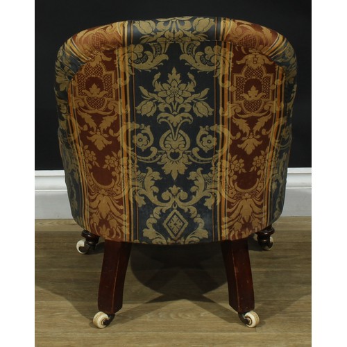 1459 - A Victorian child’s drawing room easy chair, stuffed-over upholstery, button back, turned forelegs, ... 