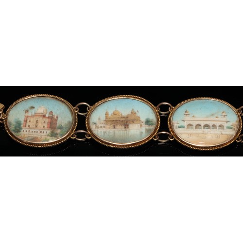 349 - A late 19th century Indian six panel articulated bracelet, each oval framed miniature painted with a... 