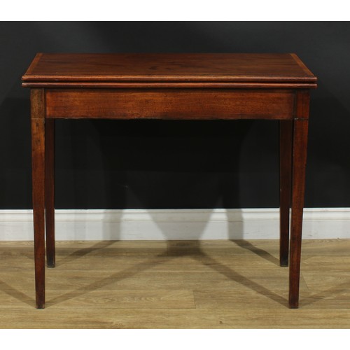 1231 - A George III mahogany tea table, hinged crossbanded top, tapered square legs, 76.5cm high, 91cm wide... 