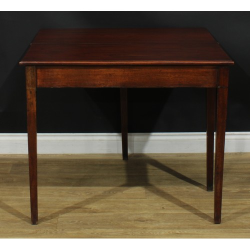 1231 - A George III mahogany tea table, hinged crossbanded top, tapered square legs, 76.5cm high, 91cm wide... 