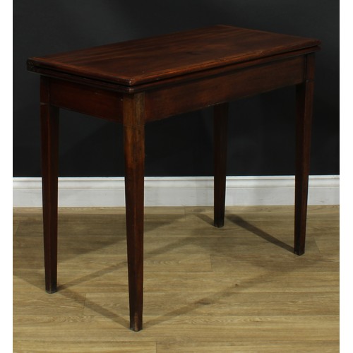 1231 - A George III mahogany tea table, hinged crossbanded top, tapered square legs, 76.5cm high, 91cm wide... 