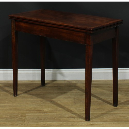 1231 - A George III mahogany tea table, hinged crossbanded top, tapered square legs, 76.5cm high, 91cm wide... 