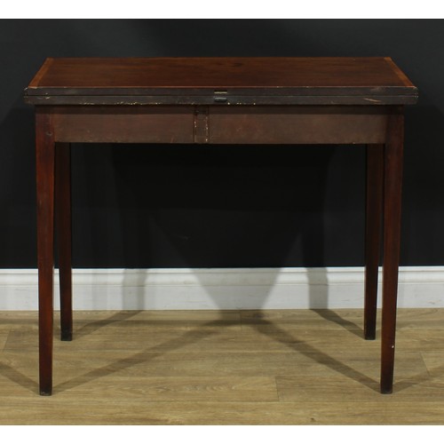 1231 - A George III mahogany tea table, hinged crossbanded top, tapered square legs, 76.5cm high, 91cm wide... 