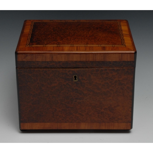 1246 - A Continental crossbanded amboyna cigar humidor, hinged cover and fall front enclosing four sliding ... 