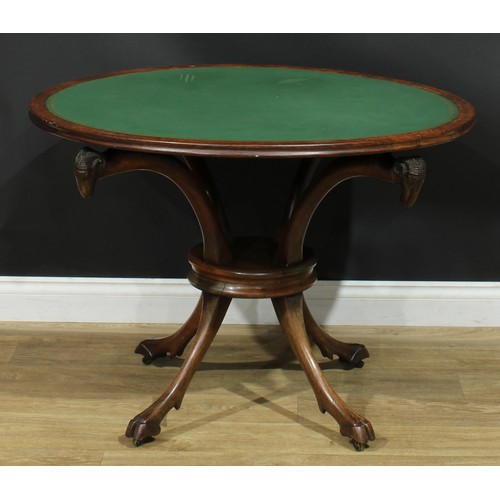 995 - A 19th century rosewood room centre writing or card table, circular top with inset tooled surface, o... 