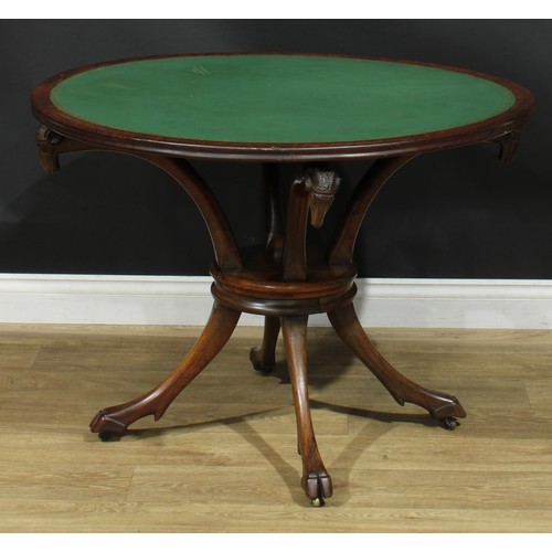 995 - A 19th century rosewood room centre writing or card table, circular top with inset tooled surface, o... 