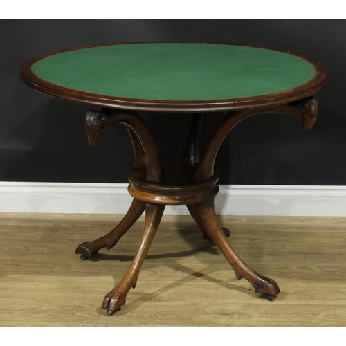 995 - A 19th century rosewood room centre writing or card table, circular top with inset tooled surface, o... 