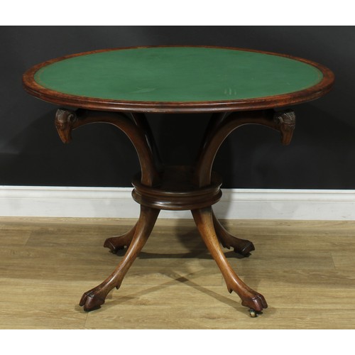 995 - A 19th century rosewood room centre writing or card table, circular top with inset tooled surface, o... 