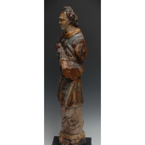 1072 - A Baroque carved and polychrome painted softwood figure, 63cm high, c.1680 - 1720, collector's displ... 