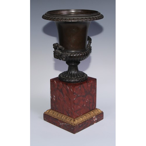 1267 - A pair of 19th century brown patinated bronze half-fluted campana urns, everted egg-and-dart rims, w... 