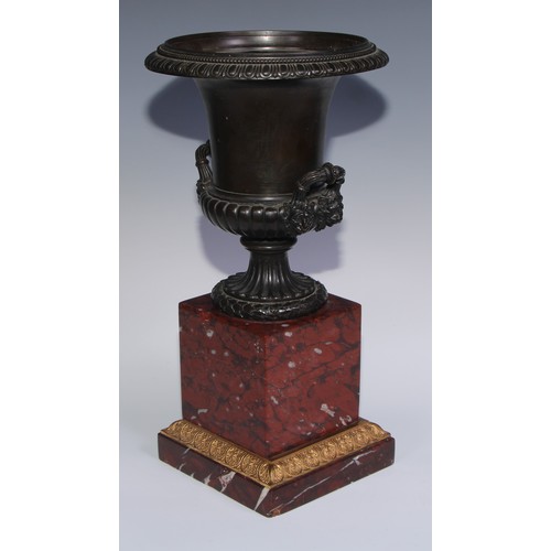 1267 - A pair of 19th century brown patinated bronze half-fluted campana urns, everted egg-and-dart rims, w... 