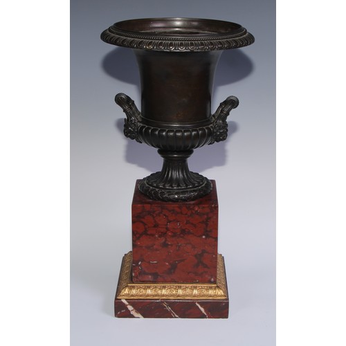 1267 - A pair of 19th century brown patinated bronze half-fluted campana urns, everted egg-and-dart rims, w... 