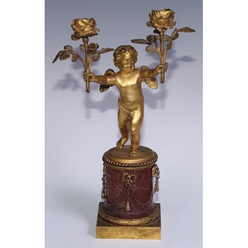 1385 - A pair of 19th century gilt bronze and rosso antico marble two-light figural mantel candelabra, each... 