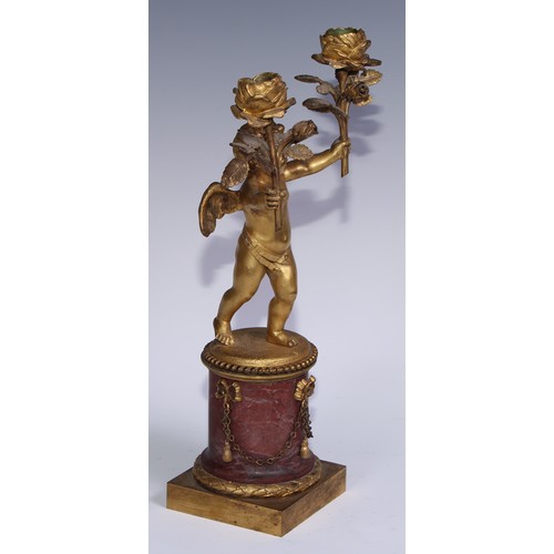 1385 - A pair of 19th century gilt bronze and rosso antico marble two-light figural mantel candelabra, each... 