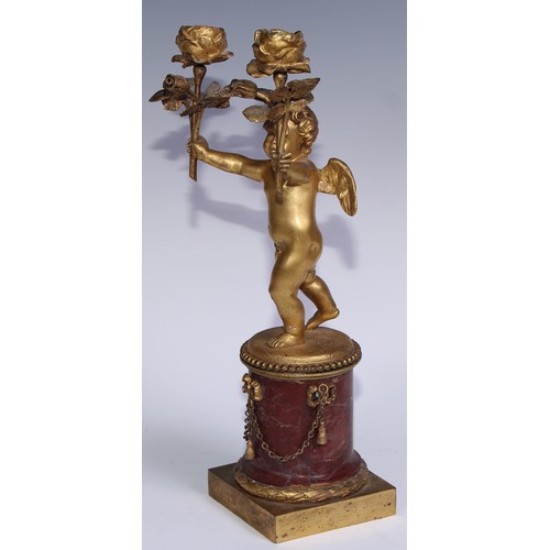 1385 - A pair of 19th century gilt bronze and rosso antico marble two-light figural mantel candelabra, each... 