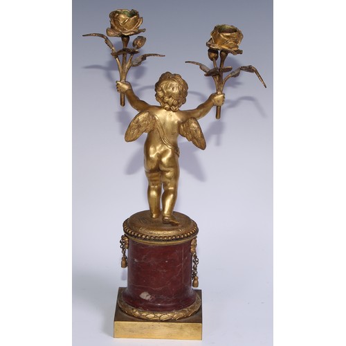 1385 - A pair of 19th century gilt bronze and rosso antico marble two-light figural mantel candelabra, each... 