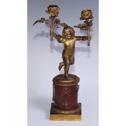 1385 - A pair of 19th century gilt bronze and rosso antico marble two-light figural mantel candelabra, each... 