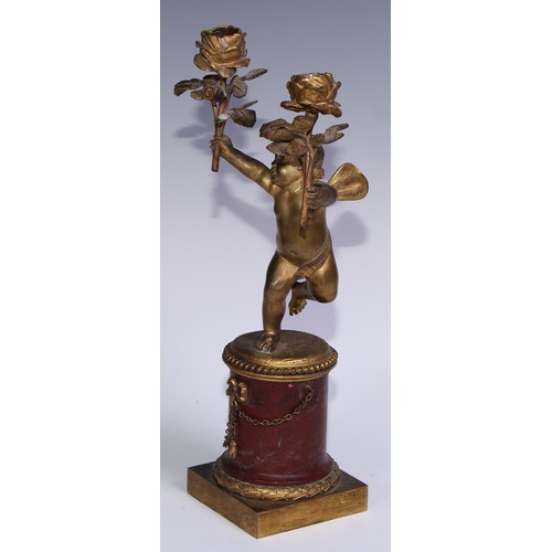 1385 - A pair of 19th century gilt bronze and rosso antico marble two-light figural mantel candelabra, each... 