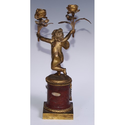 1385 - A pair of 19th century gilt bronze and rosso antico marble two-light figural mantel candelabra, each... 