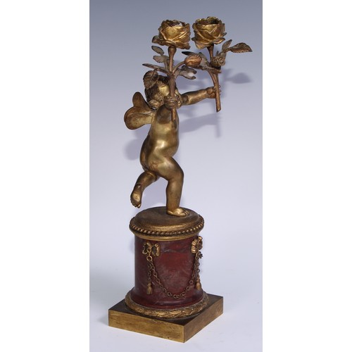 1385 - A pair of 19th century gilt bronze and rosso antico marble two-light figural mantel candelabra, each... 