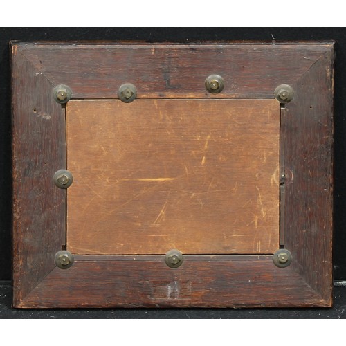 1146 - An Art Nouveau rectangular oak and bronzed mirror, signed with initials C.H., embossed and pierced w... 