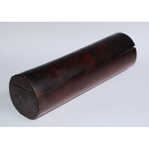 1159 - An unusual 19th century mahogany cylindrical box and cover, 44cm wide