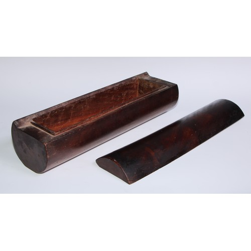 1159 - An unusual 19th century mahogany cylindrical box and cover, 44cm wide