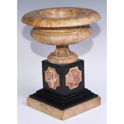 1390 - A pair of 19th century Sienna marble compressed campana shaped urns, in the Grand Tour taste, fluted... 