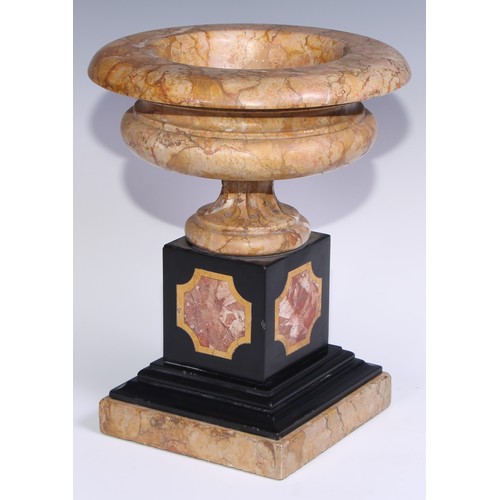 1390 - A pair of 19th century Sienna marble compressed campana shaped urns, in the Grand Tour taste, fluted... 