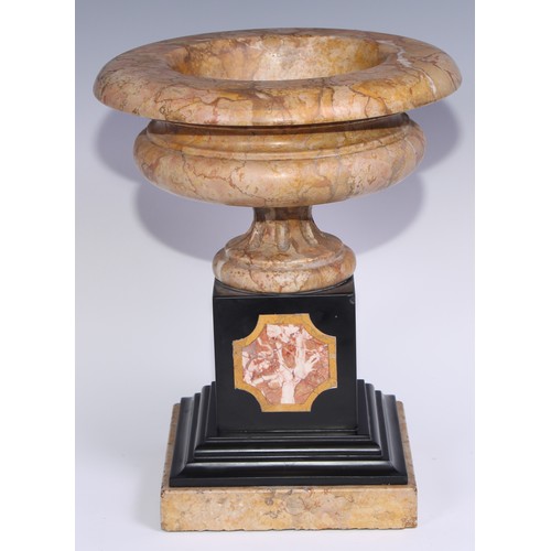 1390 - A pair of 19th century Sienna marble compressed campana shaped urns, in the Grand Tour taste, fluted... 