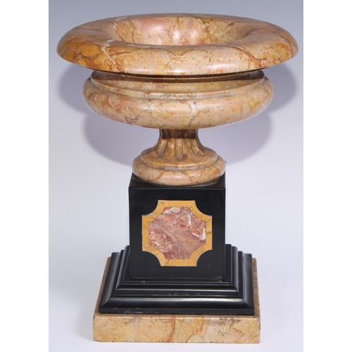 1390 - A pair of 19th century Sienna marble compressed campana shaped urns, in the Grand Tour taste, fluted... 