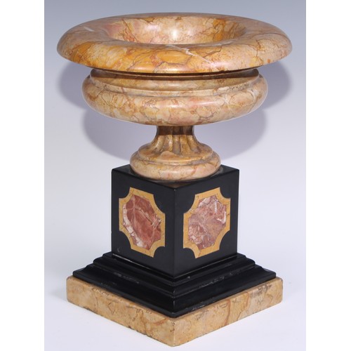 1390 - A pair of 19th century Sienna marble compressed campana shaped urns, in the Grand Tour taste, fluted... 