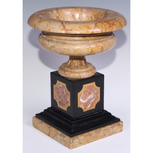 1390 - A pair of 19th century Sienna marble compressed campana shaped urns, in the Grand Tour taste, fluted... 