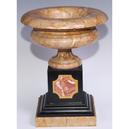 1390 - A pair of 19th century Sienna marble compressed campana shaped urns, in the Grand Tour taste, fluted... 