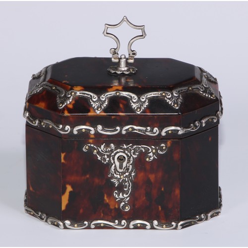 1265 - A Neo-Classical Revival silver mounted tortoiseshell canted rectangular tea caddy, hinged cover with... 