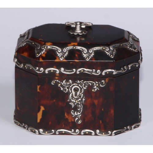 1265 - A Neo-Classical Revival silver mounted tortoiseshell canted rectangular tea caddy, hinged cover with... 