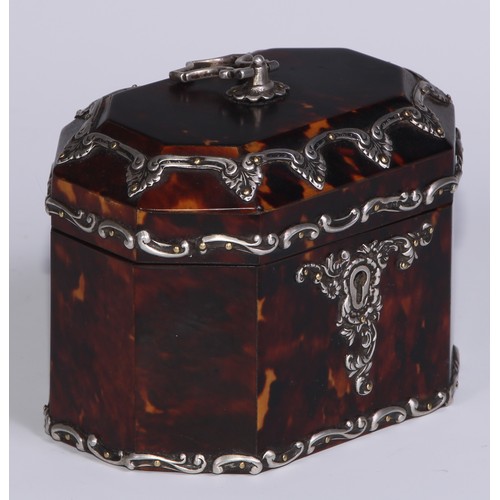 1265 - A Neo-Classical Revival silver mounted tortoiseshell canted rectangular tea caddy, hinged cover with... 