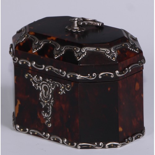 1265 - A Neo-Classical Revival silver mounted tortoiseshell canted rectangular tea caddy, hinged cover with... 