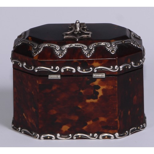 1265 - A Neo-Classical Revival silver mounted tortoiseshell canted rectangular tea caddy, hinged cover with... 