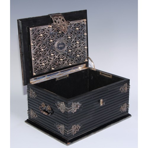 1064 - A 19th century Austrian Gothic Revival silver plate mounted ebonised coffre fort strong box, by Stam... 