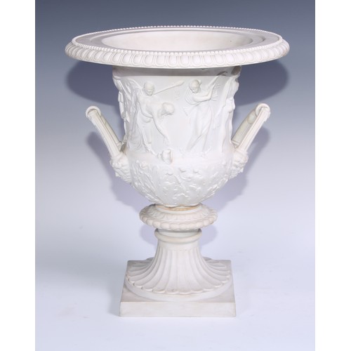 1066 - A 19th century bisque porcelain campana urn, moulded after the antique in the Grand Tour taste, squa... 