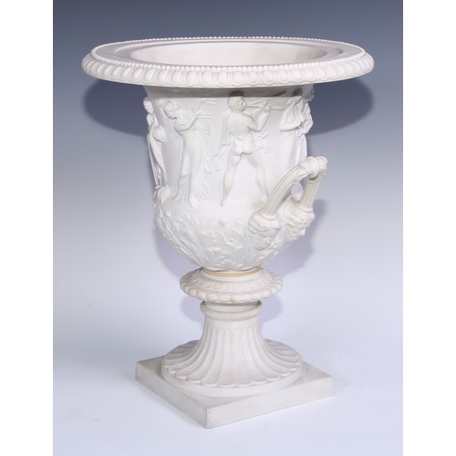 1066 - A 19th century bisque porcelain campana urn, moulded after the antique in the Grand Tour taste, squa... 