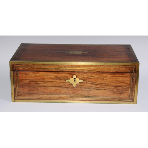 1257 - A large Regency rosewood rectangular campaign writing box, the hinged cover ratchet-adjustable for r... 