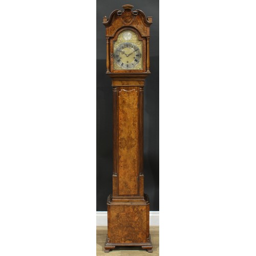 1301 - A George III Revival walnut dwarf longcase clock, 20cm arched brass dial, silvered chapter ring insc... 