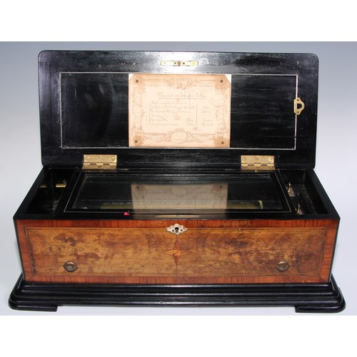 837 - A 19th century rosewood crossbanded walnut rounded rectangular music box, by Paillard Vaucher Fils, ... 